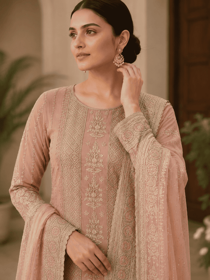 Unstitched Soft Blush Pink Organza With Intricate Ivory And Gold Threadwork Embroidery Suit Material
