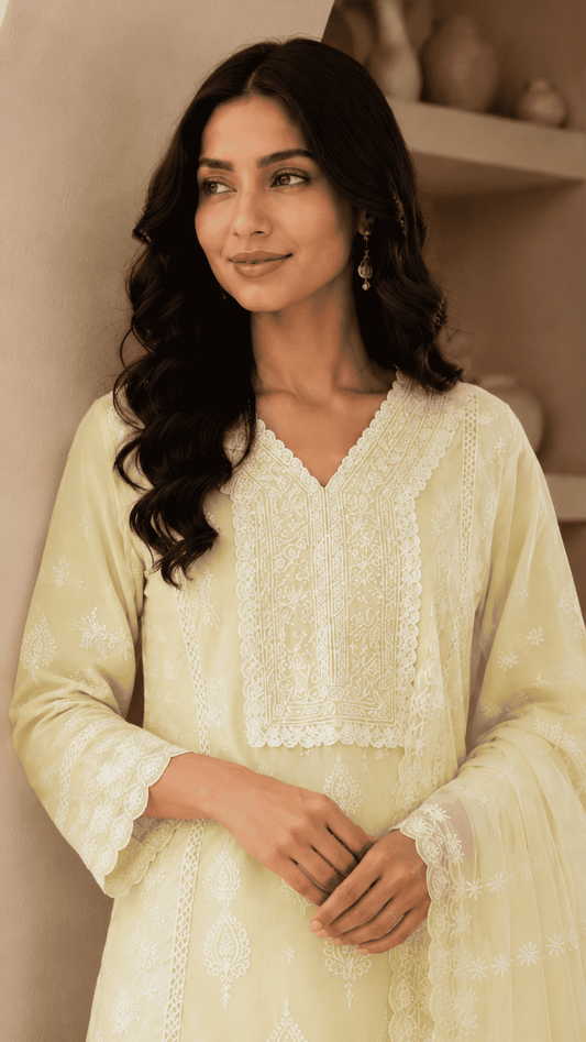 Off-White Chikankari Embroidered Mul Cotton Kurta Pant With Dupatta