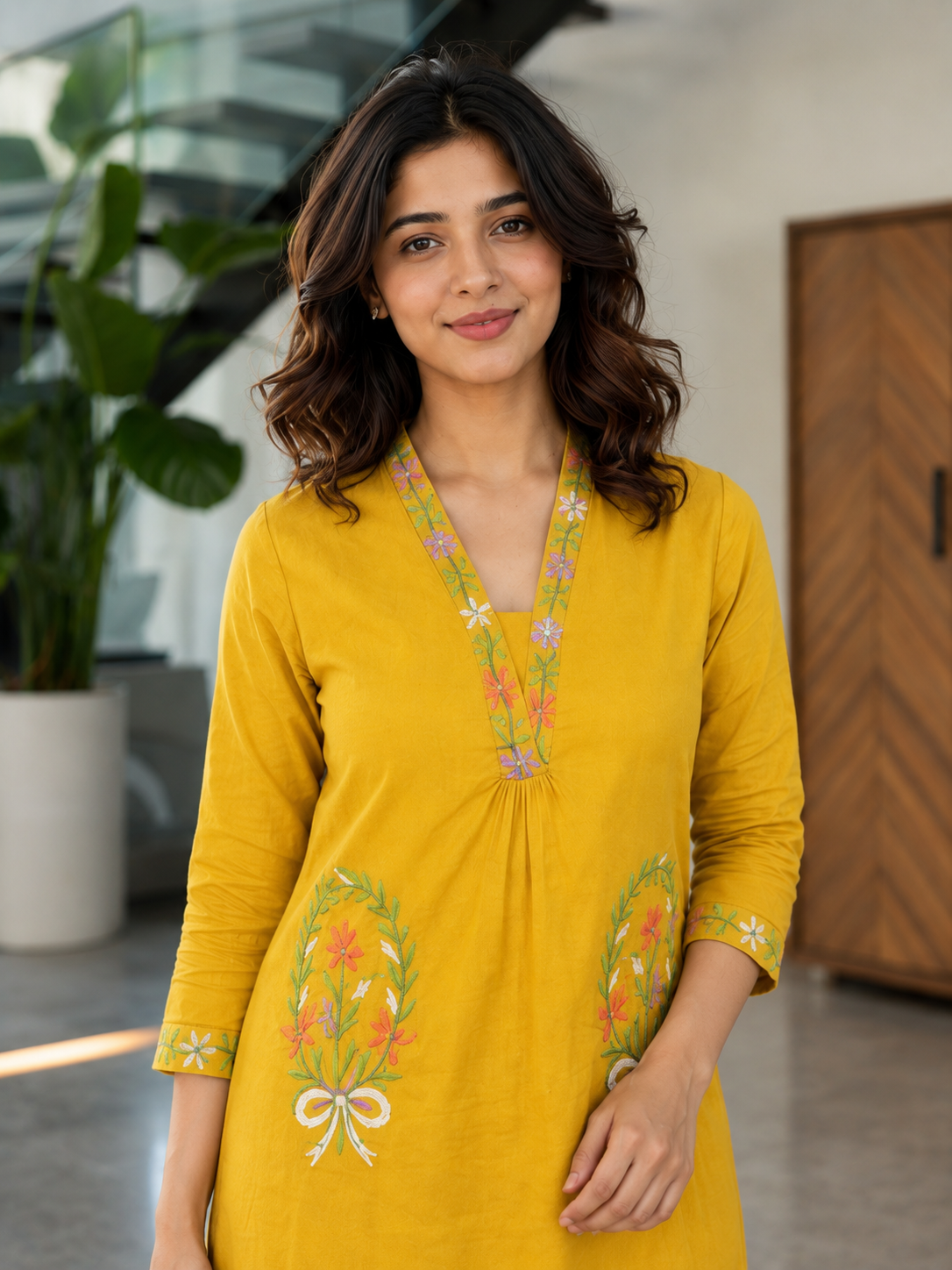 Mustard Yellow Cotton Embroidered Kurta With Pant