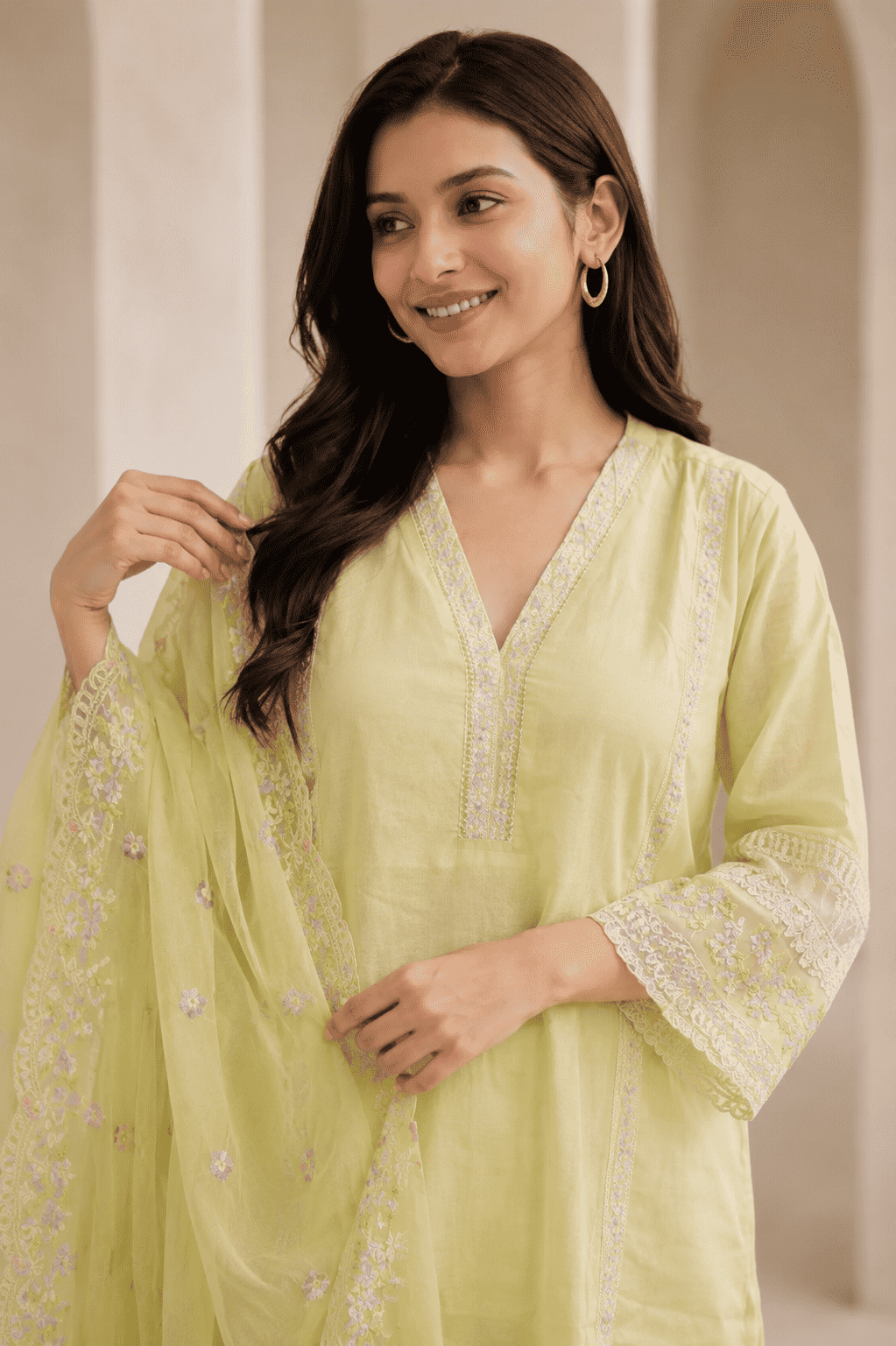 Pastel green silk embroidered kurta pant set with dupatta
