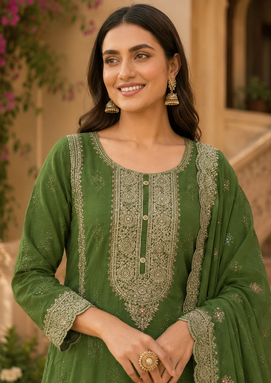 Bottle Green Semi-Stitched With Embroidery Chiffon Suit Set With Dupatta