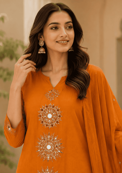 Orange Cotton Embroidered Kurta Set With Dupatta