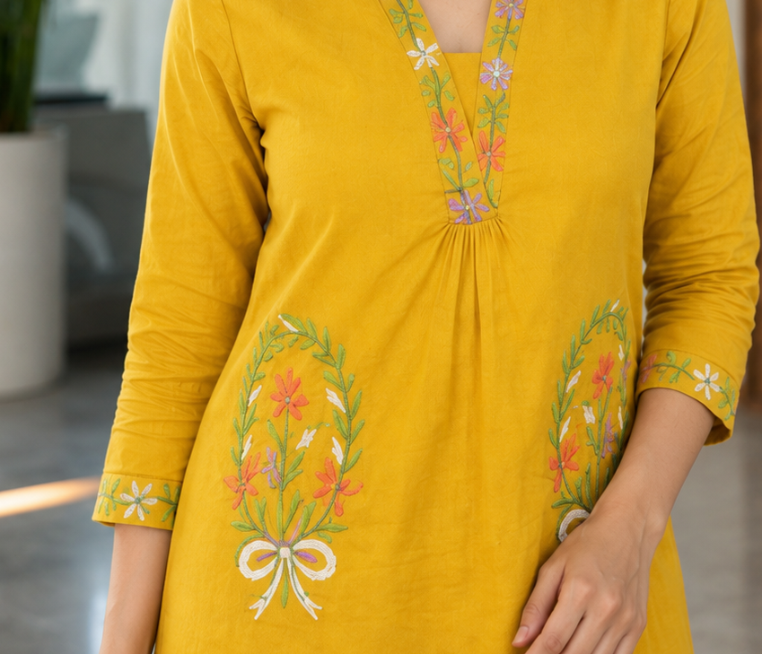 Mustard Yellow Cotton Embroidered Kurta With Pant