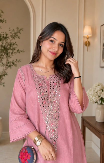 Dusty Pink Cotton Blend Embroidered Kurta With Pant