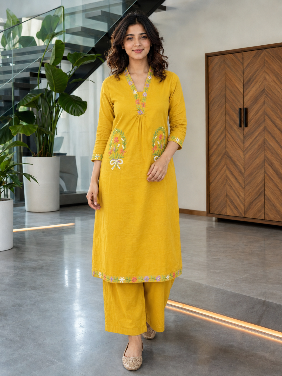 Mustard Yellow Cotton Embroidered Kurta With Pant