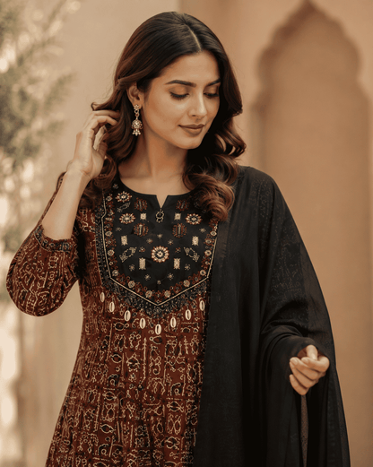 Brown Printed Cotton Anarkali Suit With Solid Black Dupatta