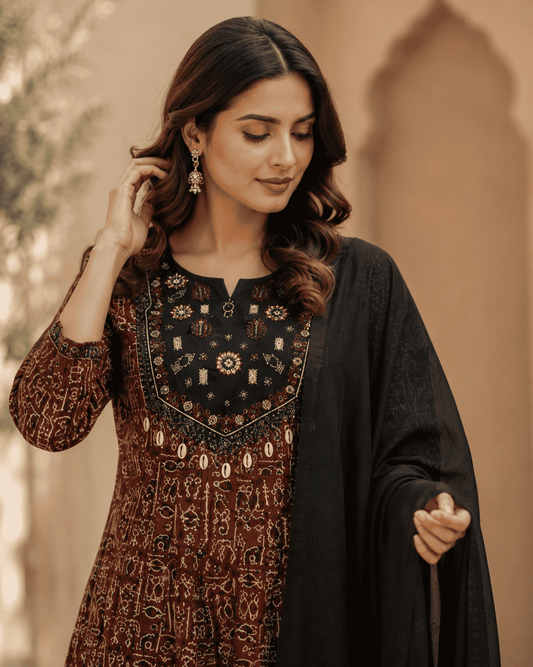 Brown Printed Cotton Anarkali Suit With Solid Black Dupatta