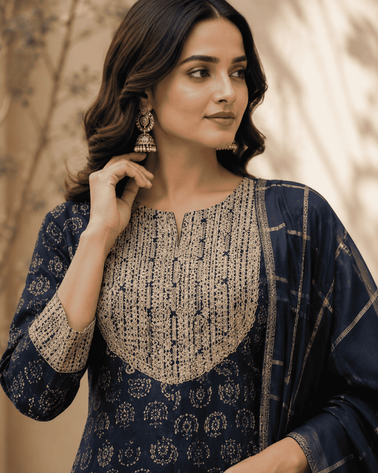 Navy Blue Printed Cotton Kurta Set With Matching Dupatta