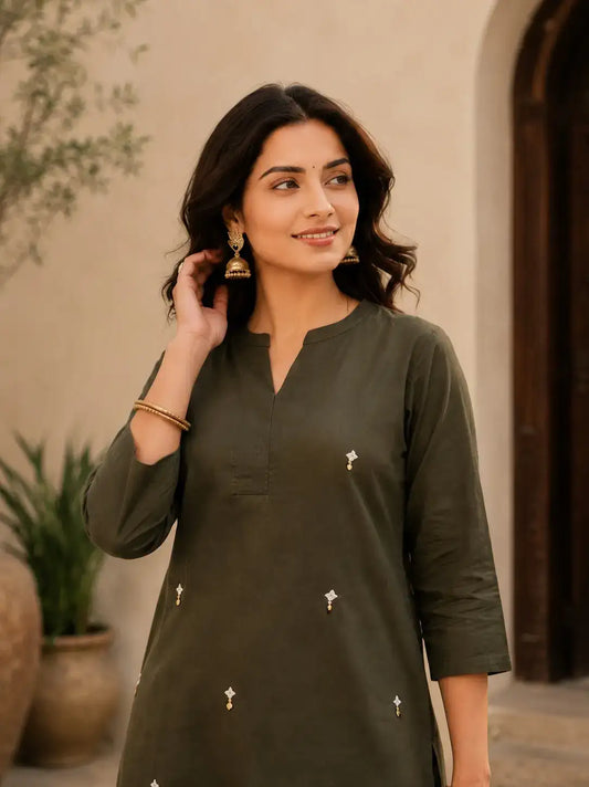 Military Green Pure Cambric Cotton Kurta Pant Set