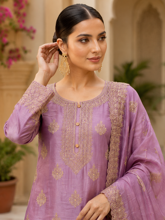 Purple-Lavender Semi Stitched Shimmer Tissue Suit Set With Dupatta With Embroidery