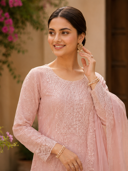 Semi-Stitched Soft Blush Pink Georgette Suit With Intricate Pastel Thread And Sequin Embroidery