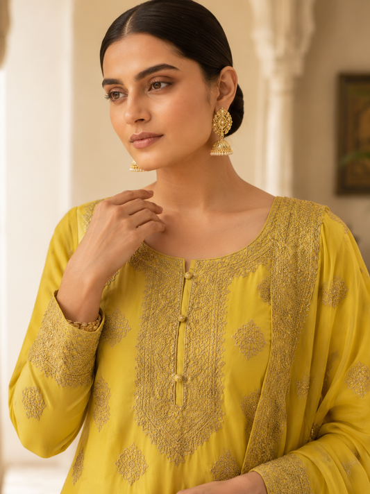 Semi-Stitched Fresh Lime-Yellow Ornate Golden Zari And Sequin Work Tissue Silk Suit With Dupatta