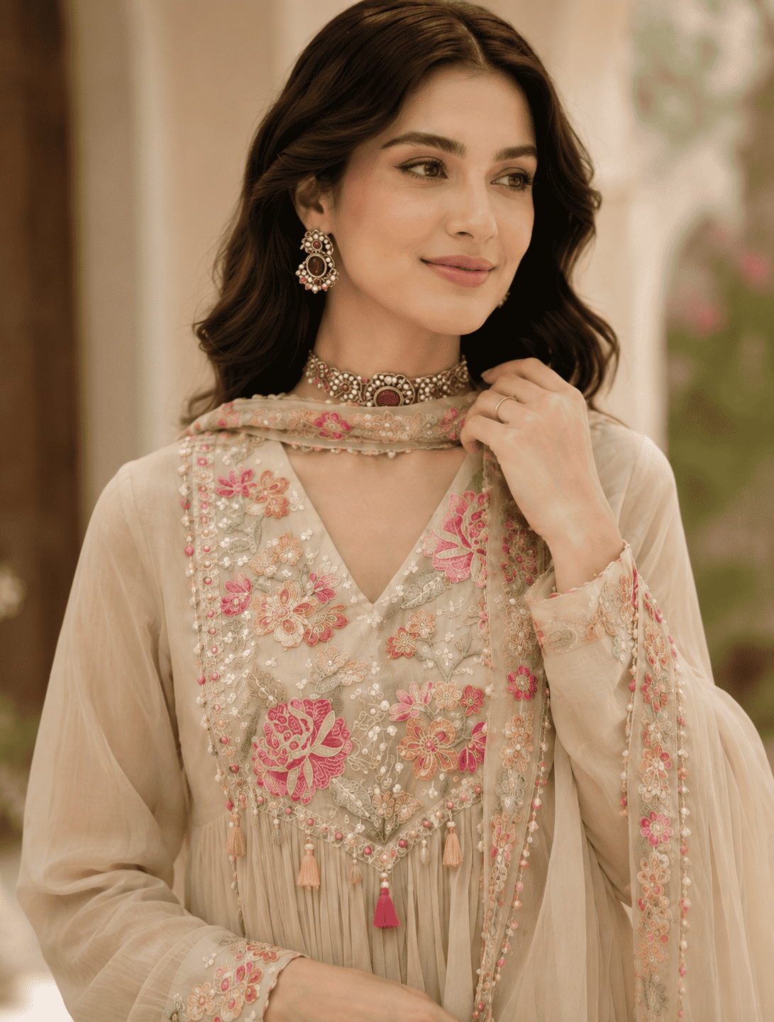 Cream Georgette Blend Anarkali Suit With Floral Dupatta