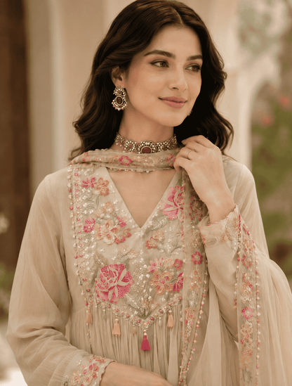 Cream Georgette Blend Anarkali Suit With Floral Dupatta