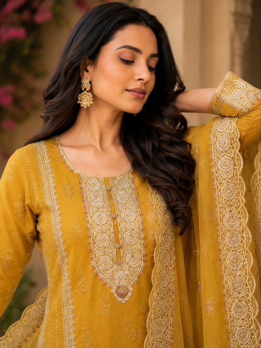 Olive-Mustard Semi-Stitched Soft Organza Suit With Dupatta With Multicolour Thread And Zari Embroidery