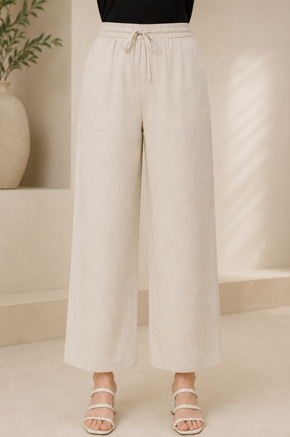 Solid Beige Cotton Straight Pants