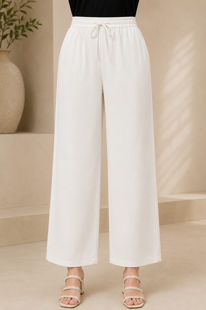 Solid White Cotton Straight Pants