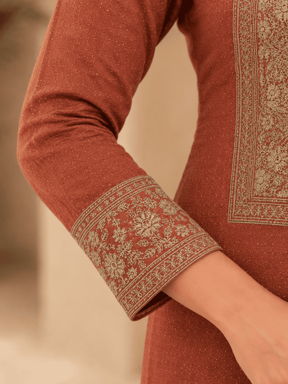 Semi-Stitched Deep Wine-Red Muslin Silk Suit Embellished With Scattered Rhinestone Butti And Intricate Golden Zari Embroidery