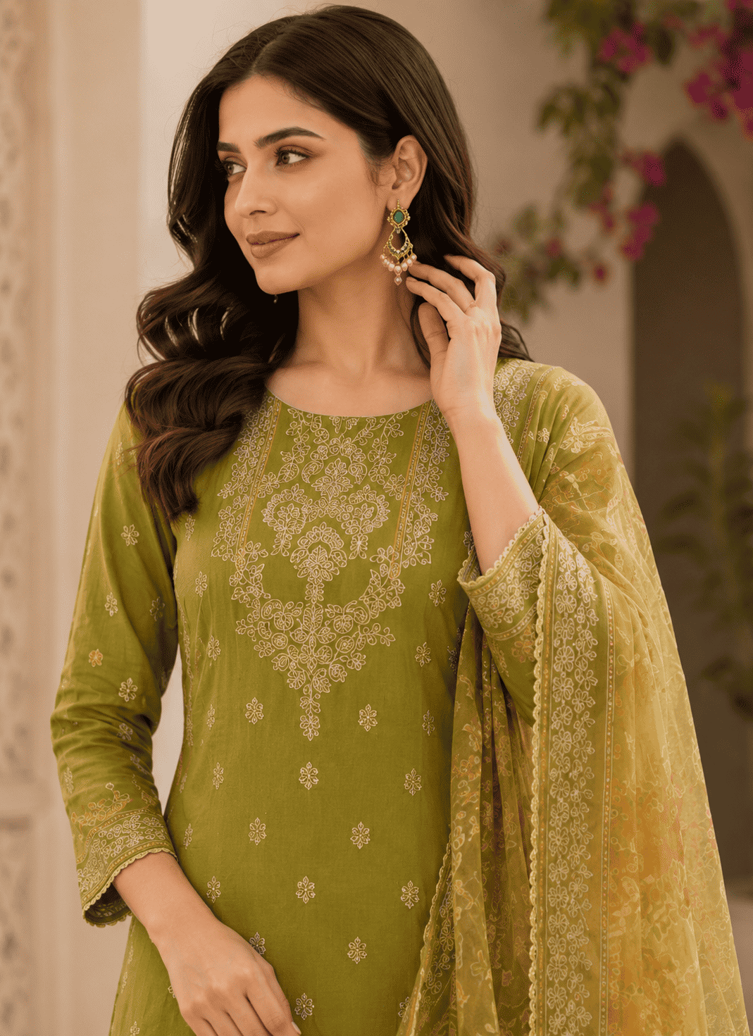 Olive Green Rayon Digital Printed Kurta Pant With Traditional Dupatta