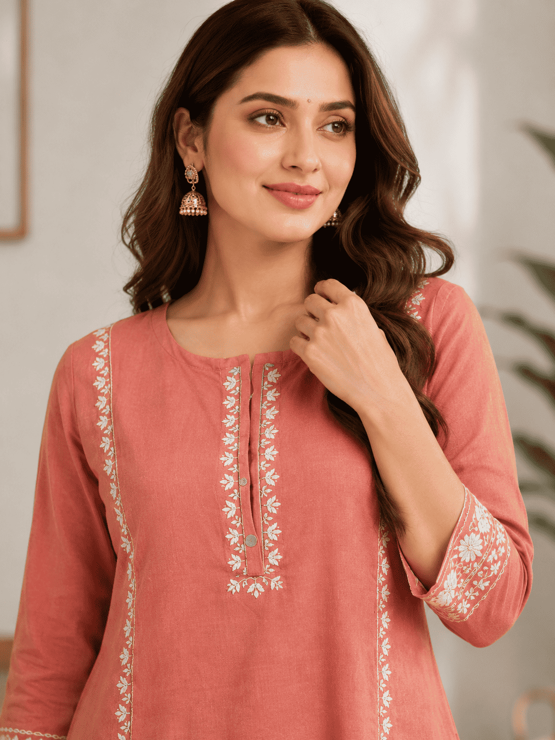 Peach cotton aari embroidered kurta with white cotton pant set