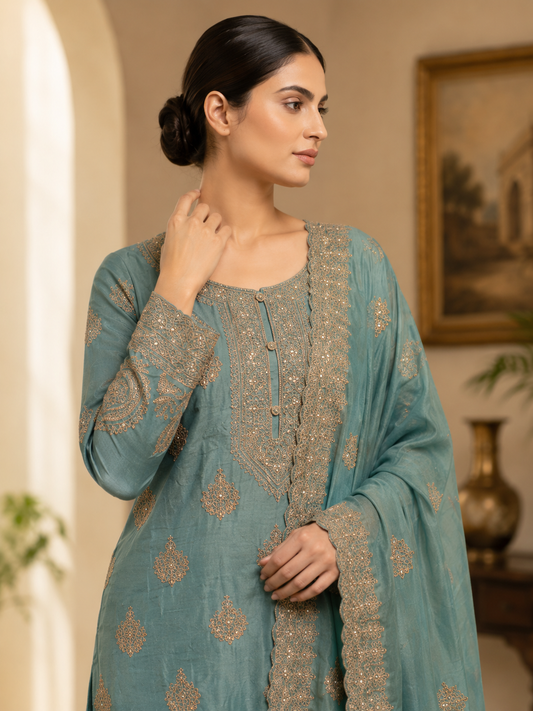 Icy Aqua Blue Semi-Stitched Tissue Silk Suit With Dupatta With Golden Sequin And Thread Embroidery