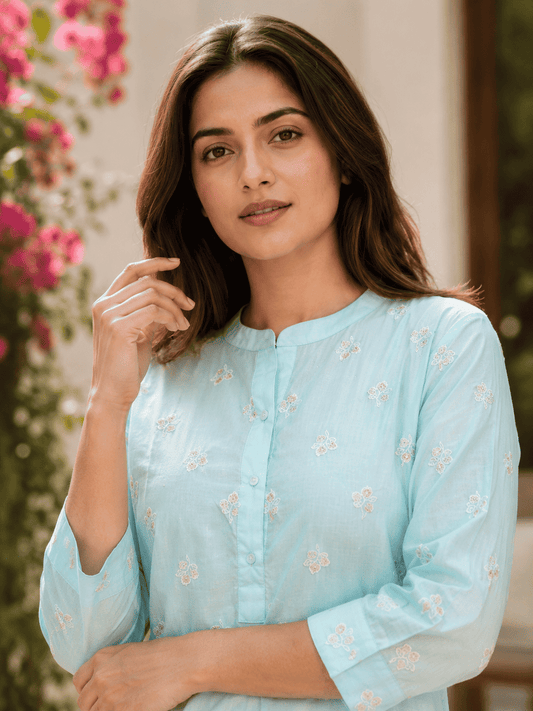 Blue Floral Embroidery Cotton Kurta