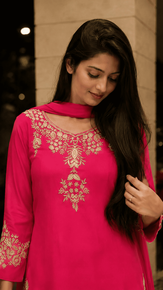 Fuschia Pink Shantoon Embroidered Kurta Pant With Dupatta