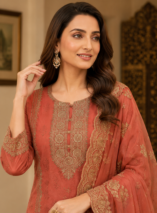 Watermelon Pink Semi-Stitched Tissue Suit Set With Dupatta With Delicate Pastel Sequin Embroidery