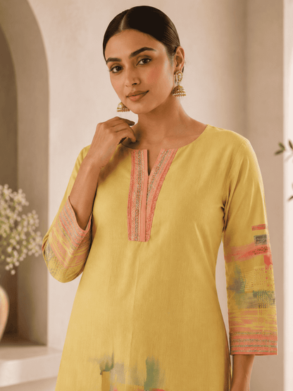 Yellow Digital Printed Cotton Kurta Pant Set