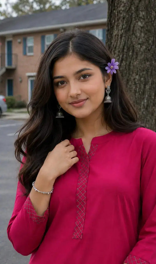 Pink Modal Cotton Embroidered Kurta Pant Set