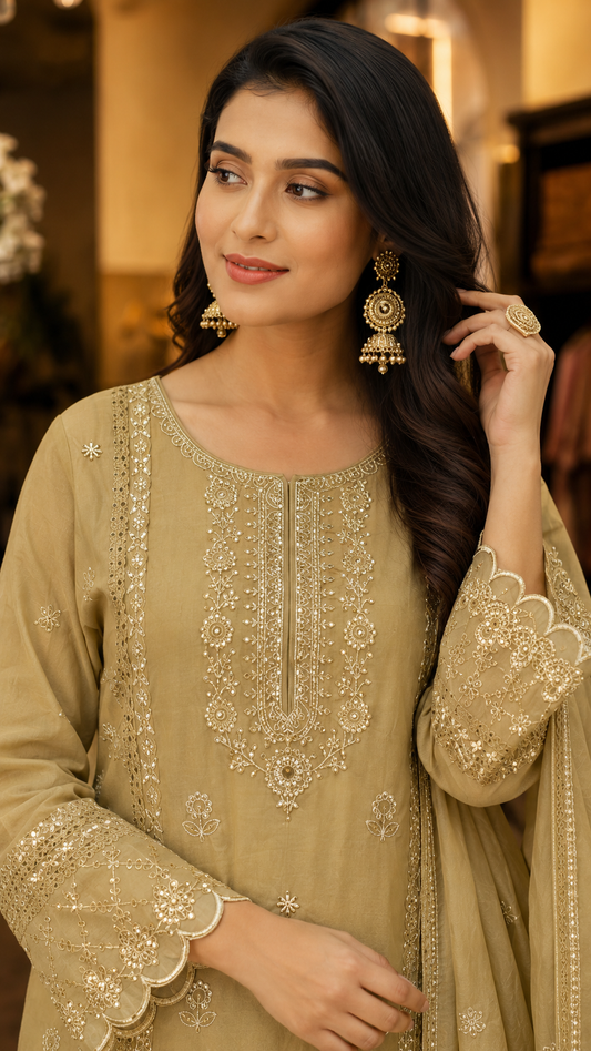 Beige Floral Embroidered Mul Cotton Kurta Pant With Dupatta