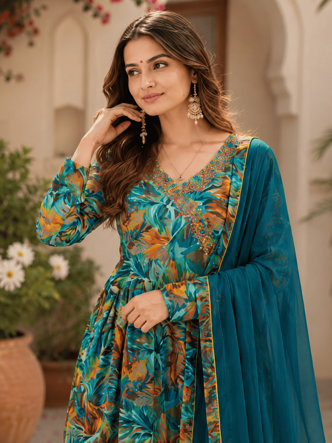 Cotton Mix Tropical Print Suit Set With Dupatta
