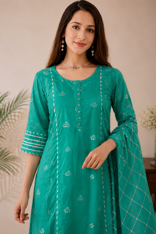 Green Silk embroidered Kurta Pant Set with dupatta
