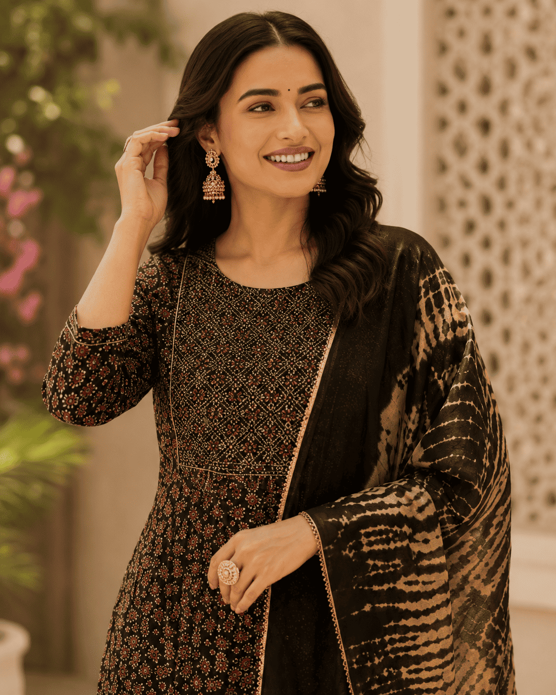 Black Printed Cotton Kurta Set With Tie And Dye Dupatta