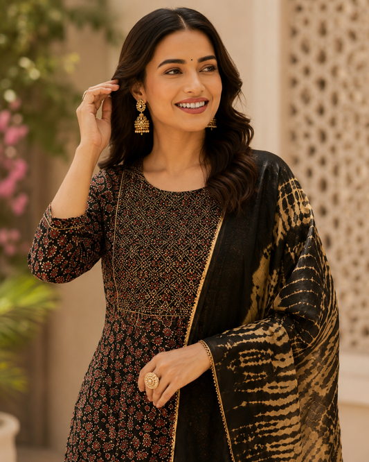 Black Printed Cotton Kurta Set With Tie And Dye Dupatta