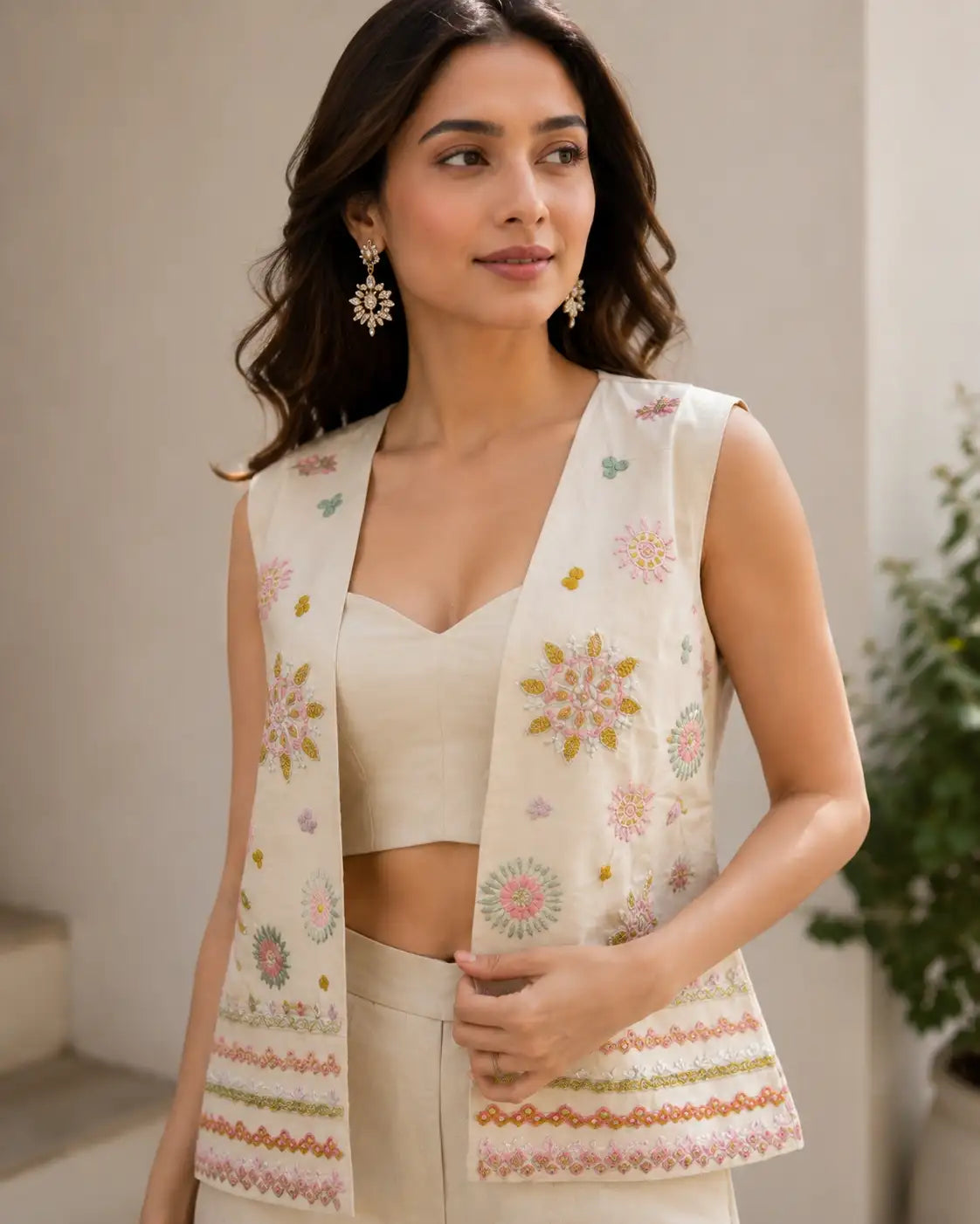 Ivory Roman silk embroidered blouse pant with jacket