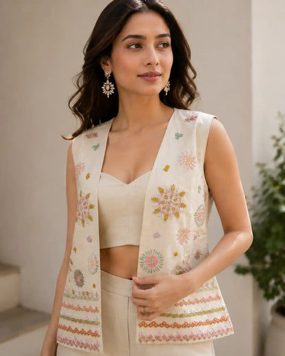 Ivory Roman silk embroidered blouse pant with jacket