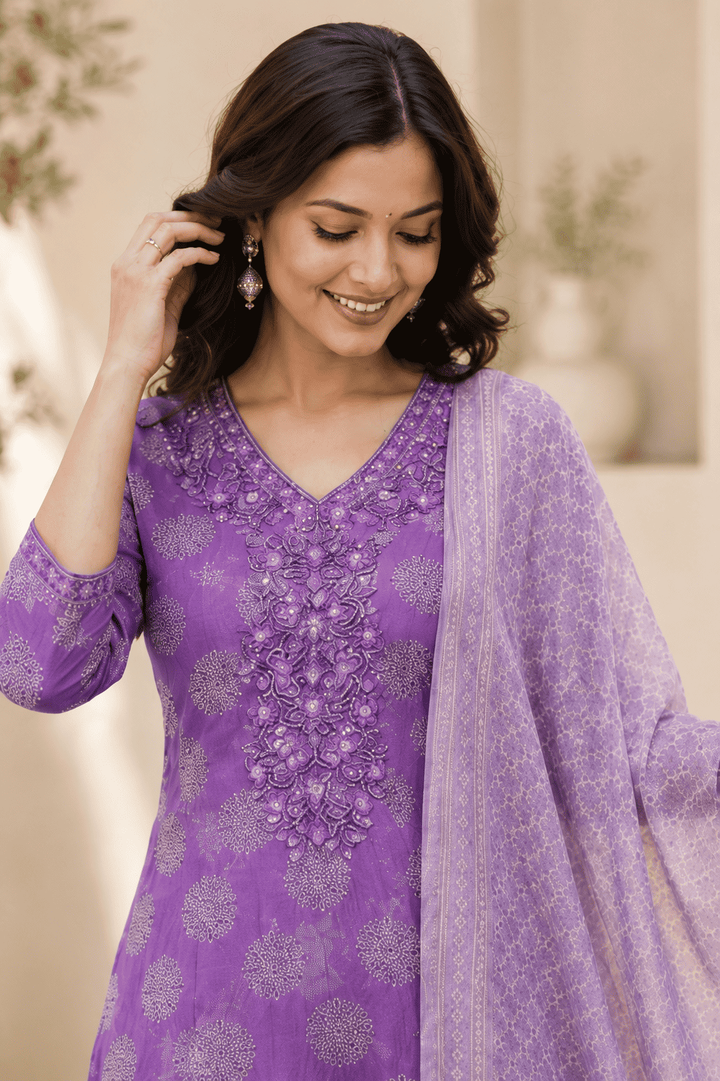 Lavender Cotton Bagru Handblock Kurta Set With Matching Dupatta