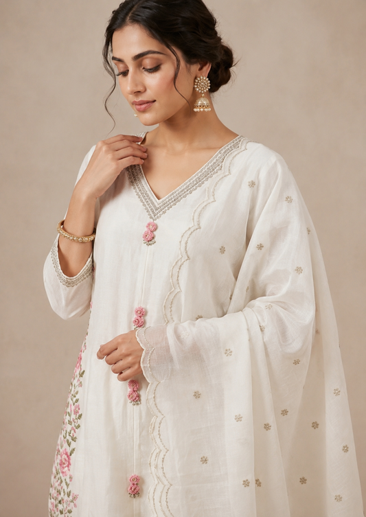 Ivory malmal blend kurta pant set with embroidered chiffon dupatta