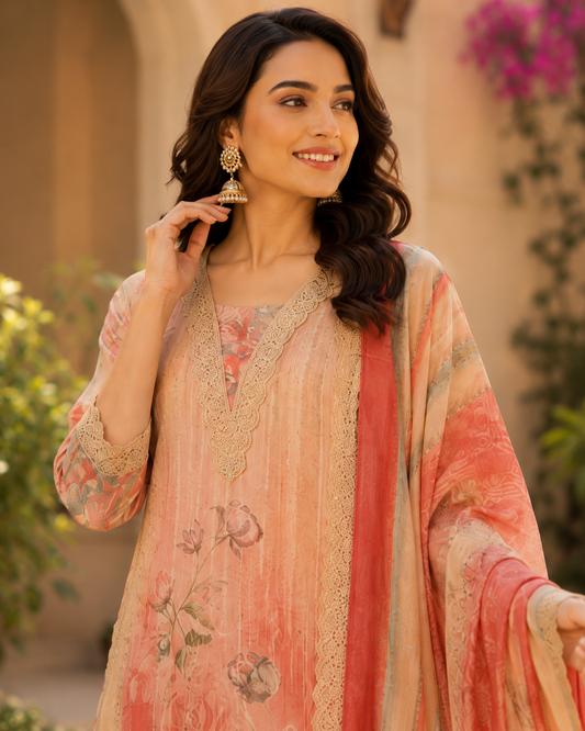 Pastel Peach Cotton Mix Kurta Set With Dupatta