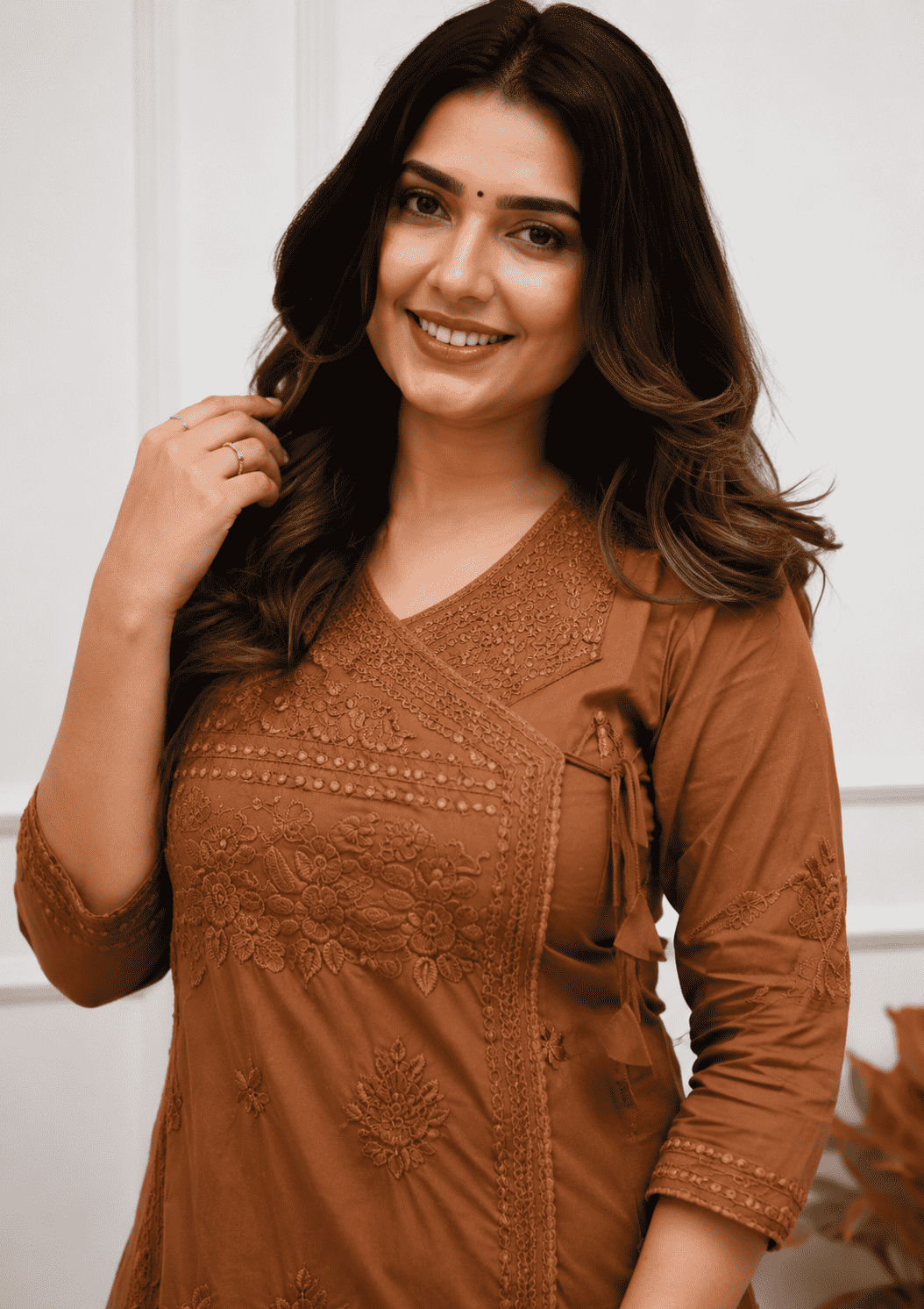 Brown Cotton blend angrakha style kurta with straight pant