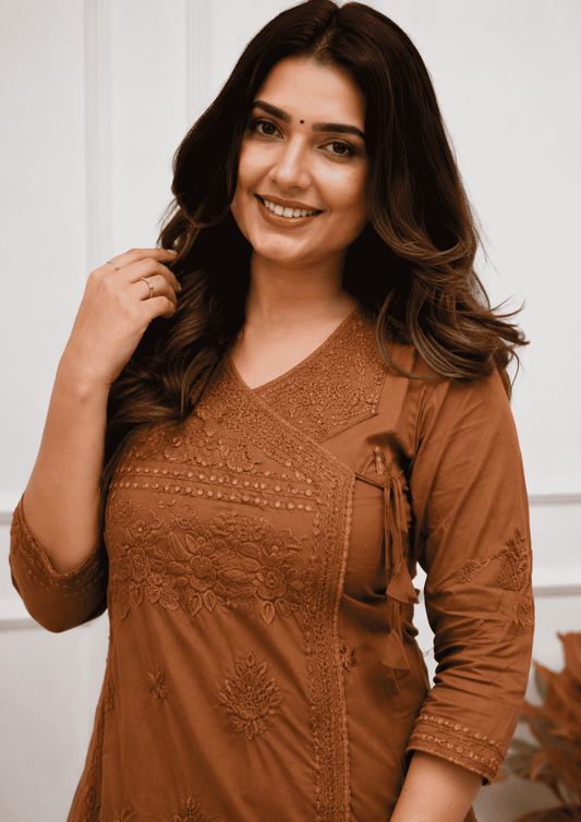 Brown Cotton blend angrakha style kurta with straight pant
