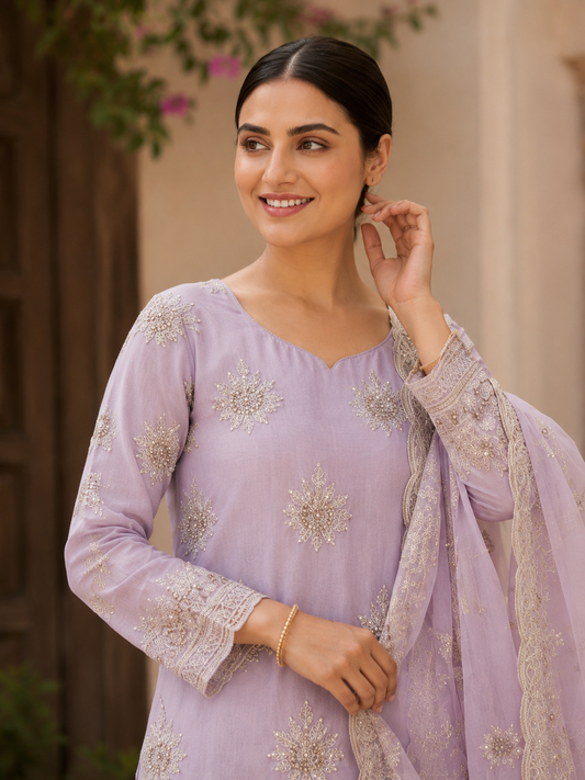 Semi-Stitched Mauve Lilac Chiffon Suit With Heavy Floral Sequin Border Detailing