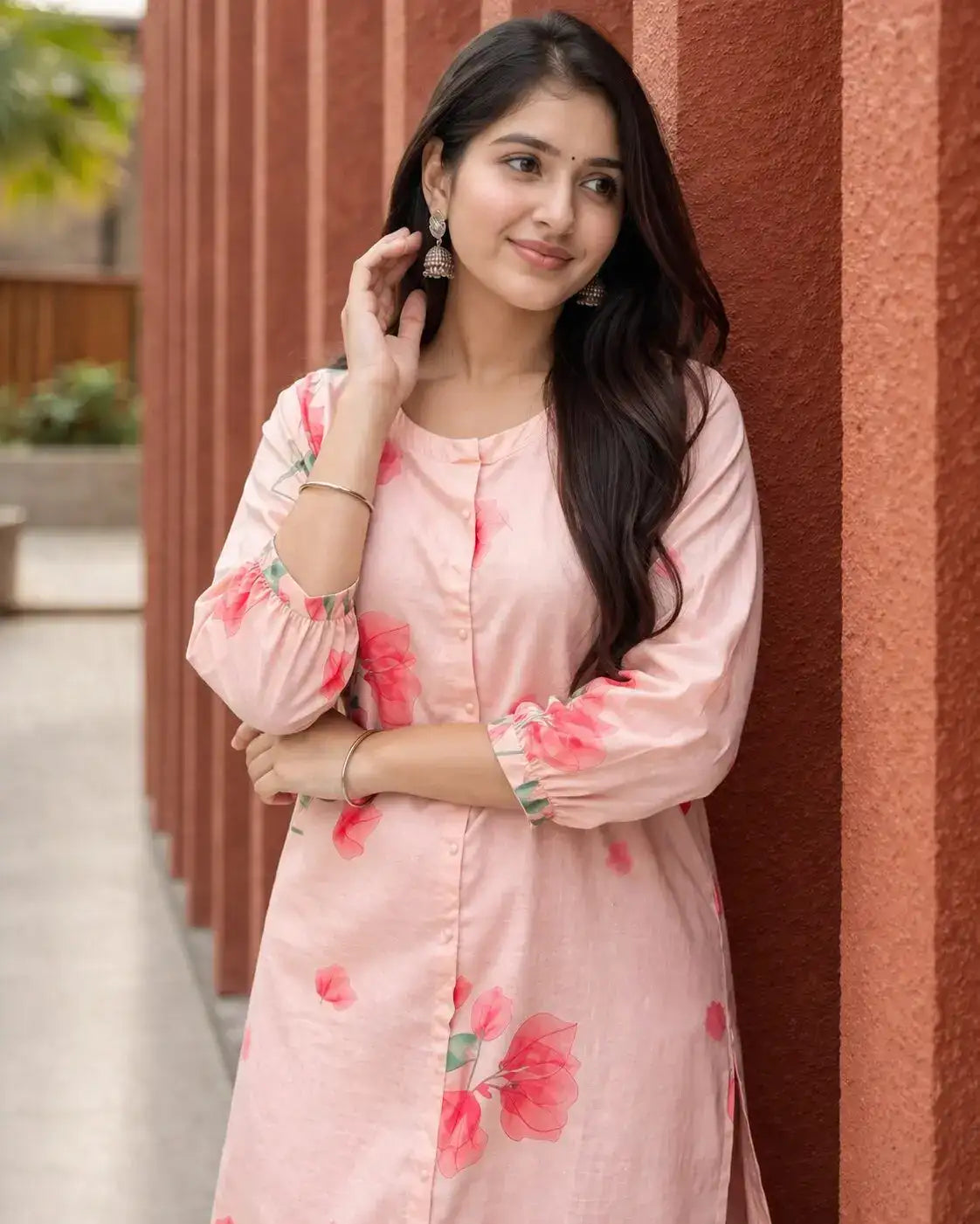 Soft cotton blend fabric in blush peach with delicate floral prints