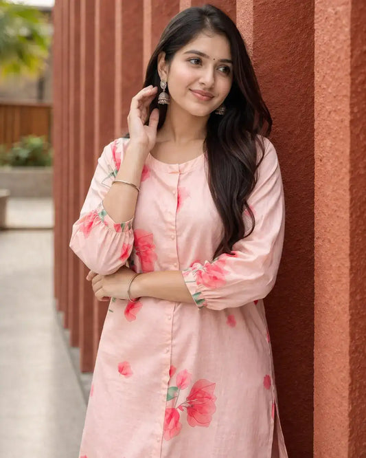 Soft cotton blend fabric in blush peach with delicate floral prints