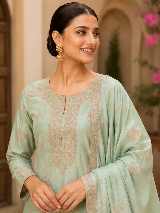 Aqua Blue Semi-Stitched Shimmering Crushed Organza-Silk Suit With Dupatta