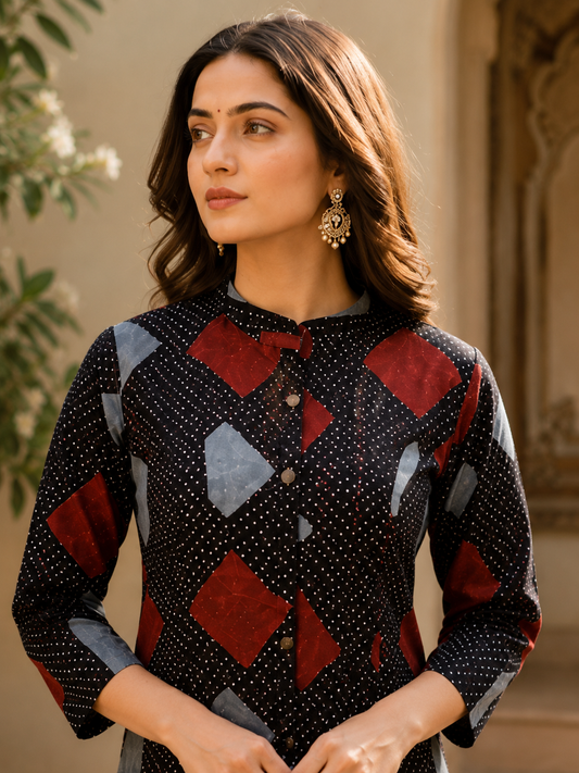 Black cotton kurta with red blue geometric printed contemporary design pattern