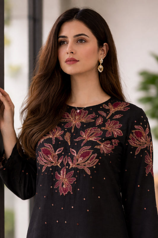 Black Cotton Blend Embroidered Short Kurta With Straight Pant
