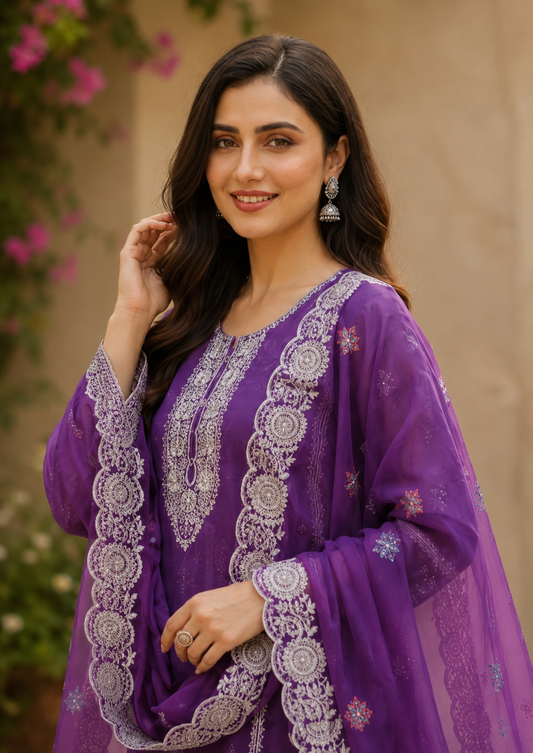Plum-Purple Semi-Stitched With Multicolour Embroidery Lightweight Organza Suit Set With Dupatta