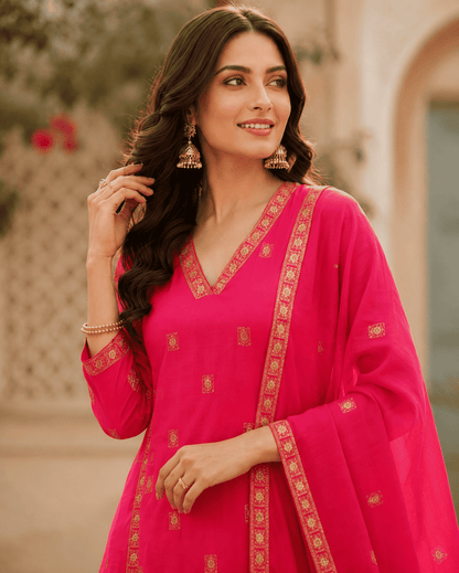 Fuchsia Pink Cotton Kurta Pant Set With Dupatta